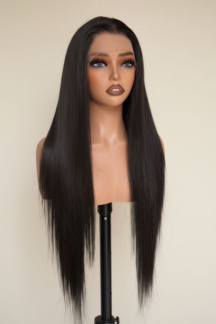 Long Black Straight Wig - Cream Wall