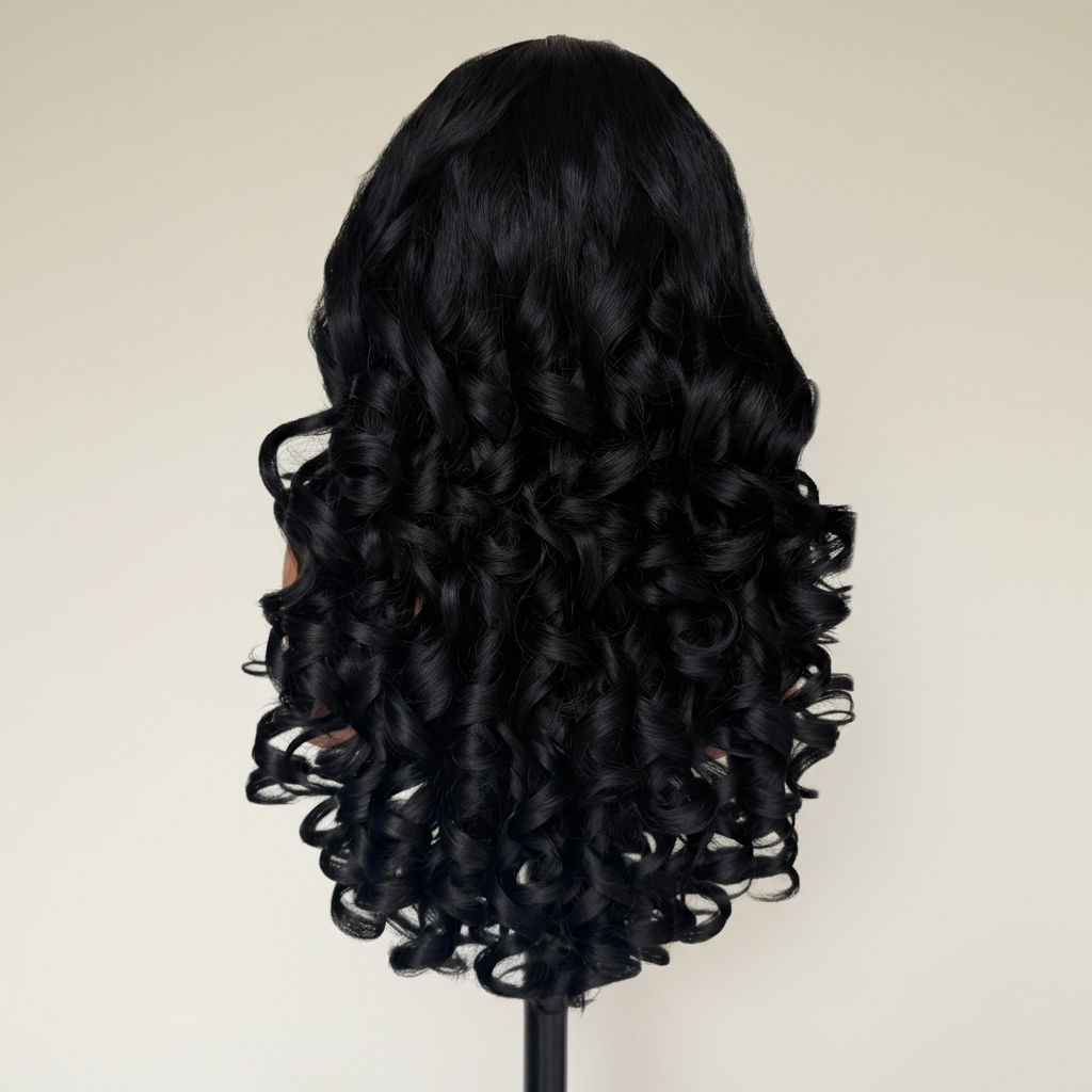 Black Wavy Wig Back - Cream Wall