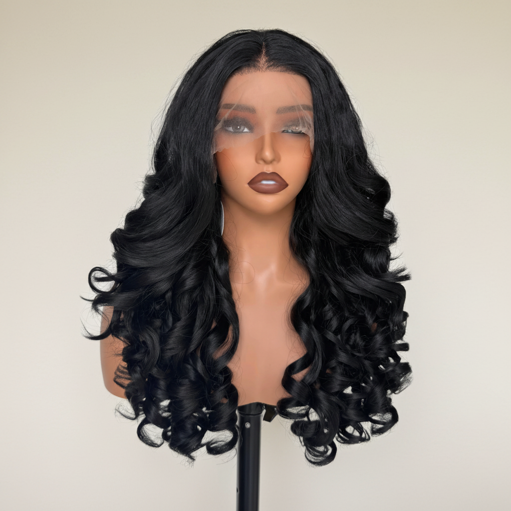 Black Wavy Wig Front - Cream Wall